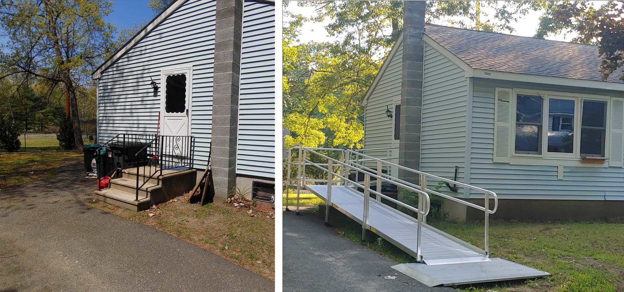 The Fontanellas' stairs before the Home Safety modifications (left), and the professionally- installed ramp after (right).