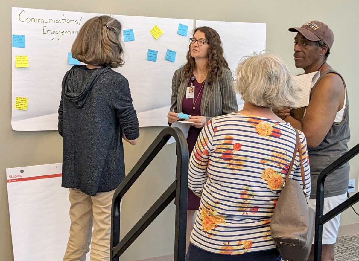 Community members propose ideas for making our community more age-friendly at a June 2023 event. Kemah Wilson, right, steering committee and work group member; Lynne Feldman, center, Director of Community Services at LifePath.