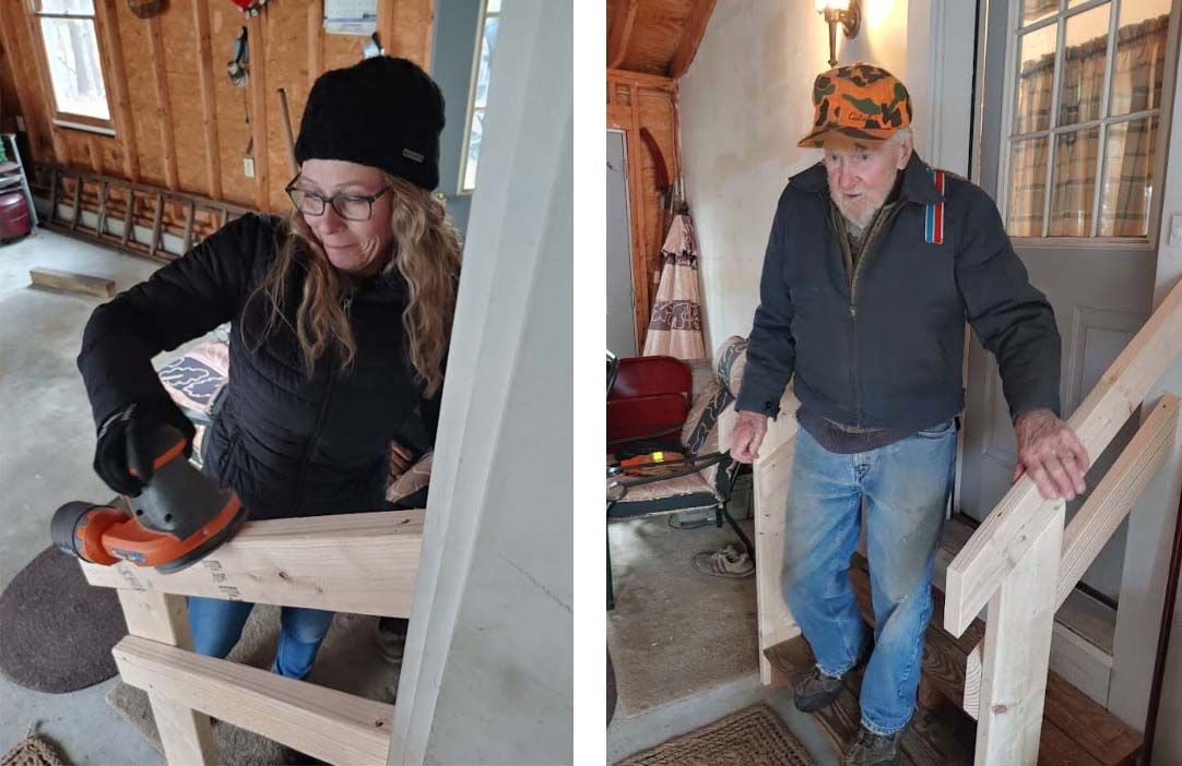 Volunteer Melissa Roberts sands a new garage handrail, and George tests it out.