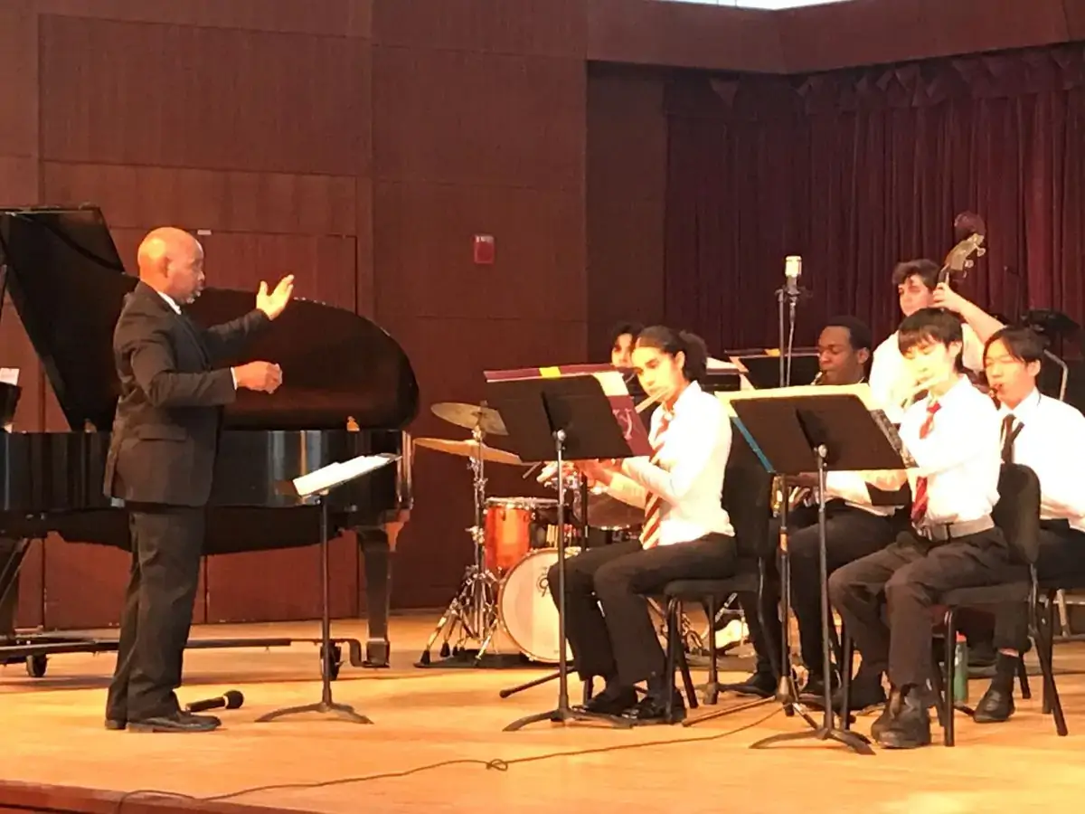 Ron Smith, Director of Music Programs for NMH, conducting the Jazz Ensemble during the second half of the concert.