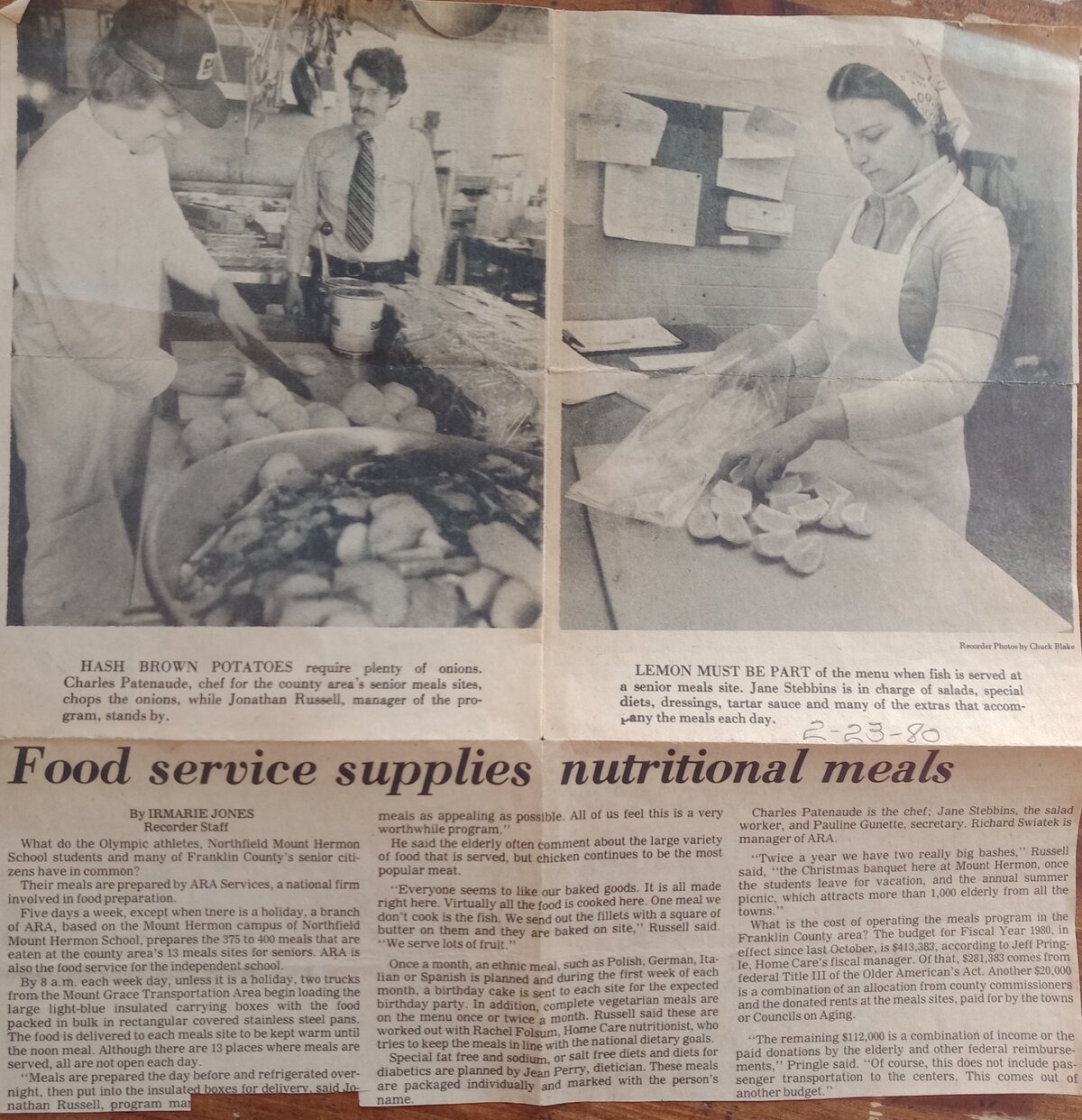 This 1980’s newspaper clipping from The Recorder, courtesy of Jane Dion, née Stebbins, pictured on the right, shows food being prepared for 13 congregate elder meal sites at a facility on the Northfield Mount Hermon campus.