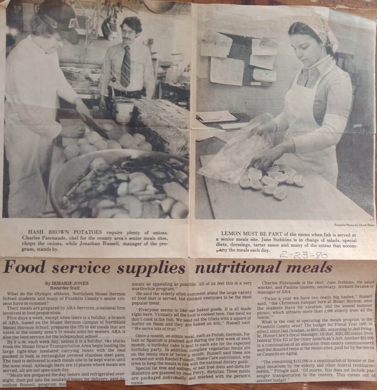 This 1980’s newspaper clipping from The Recorder, courtesy of Jane Dion, née Stebbins, pictured on the right, shows food being prepared for 13 congregate elder meal sites at a facility on the Northfield Mount Hermon campus.