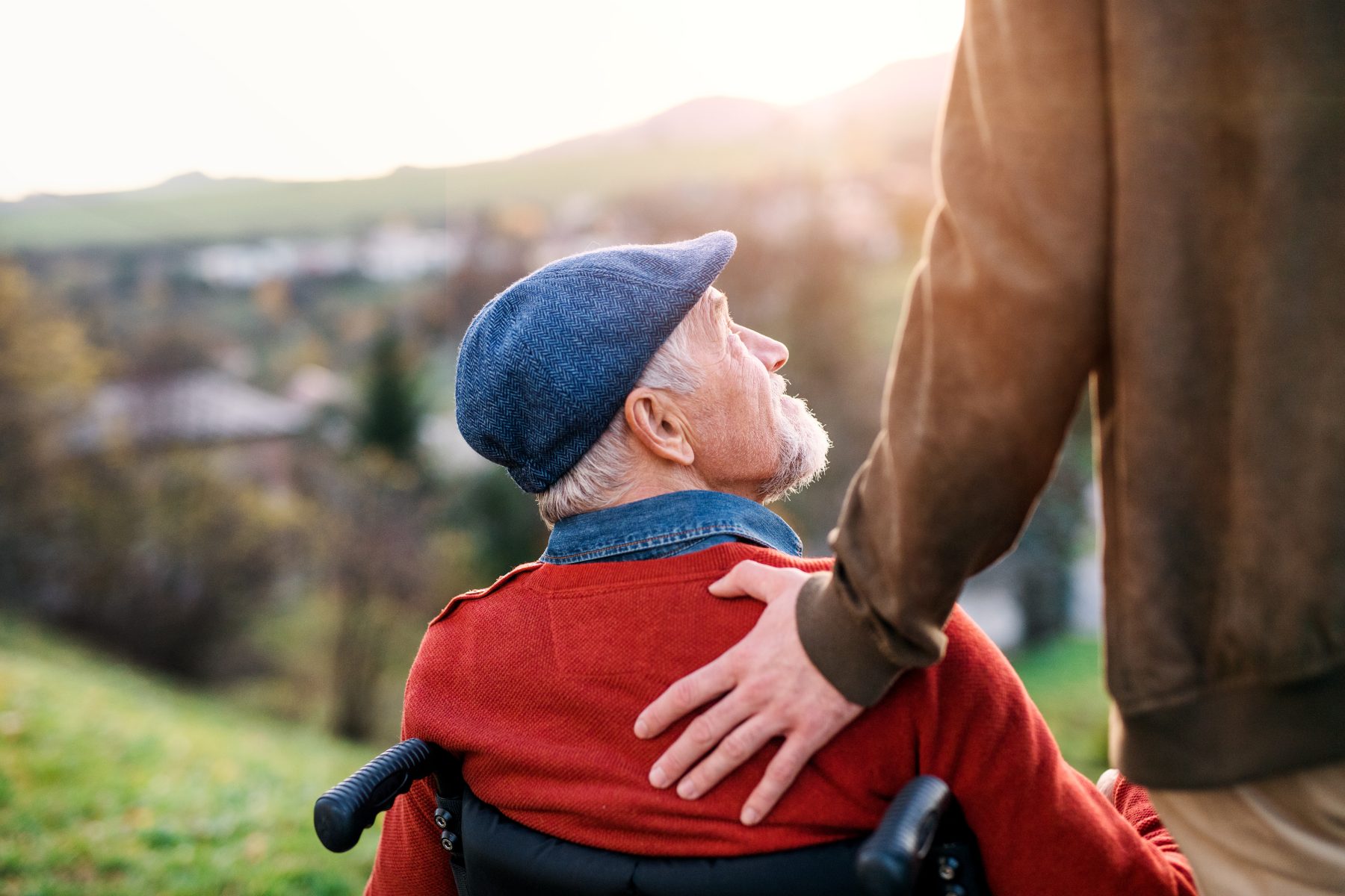 Man in wheelchair enjoying a landscape view with another man touching his shoulder
